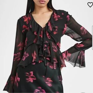Rails Black and Pink Floral chiffon Ruffle Blouse M